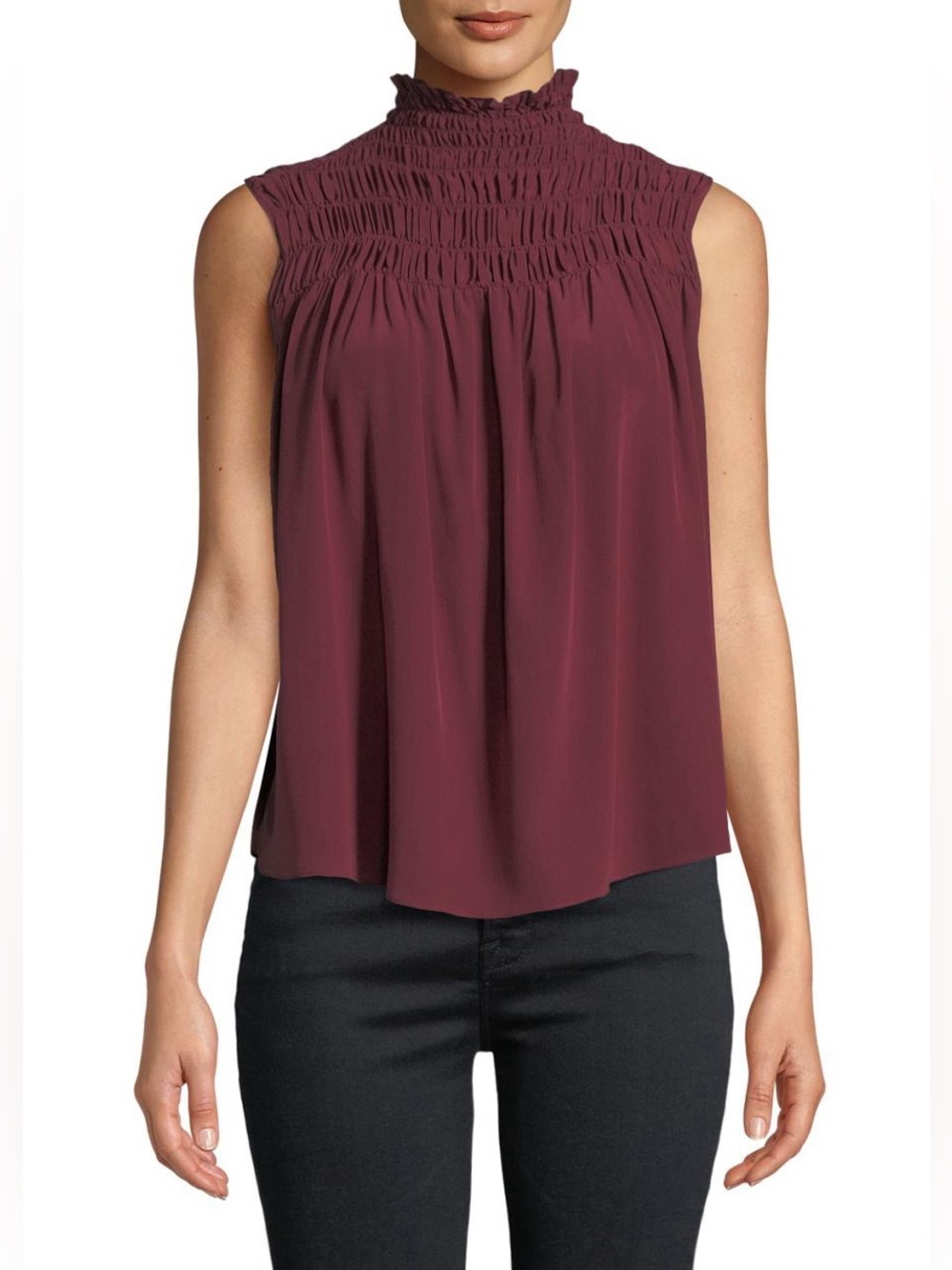FRAME Smocked Mock Neck High Neck Sleeveless Swing Top Burgundy Medium flowy